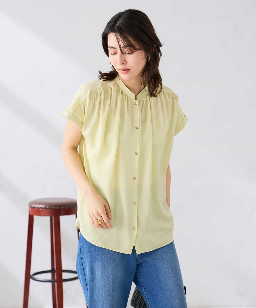 K2BGD05039 a.v.v(アー・ヴェ・ヴェ) 【接触冷感/UVカット】サテンギャザーブラウス【吸水速乾/イージーケア】 ダークグレー