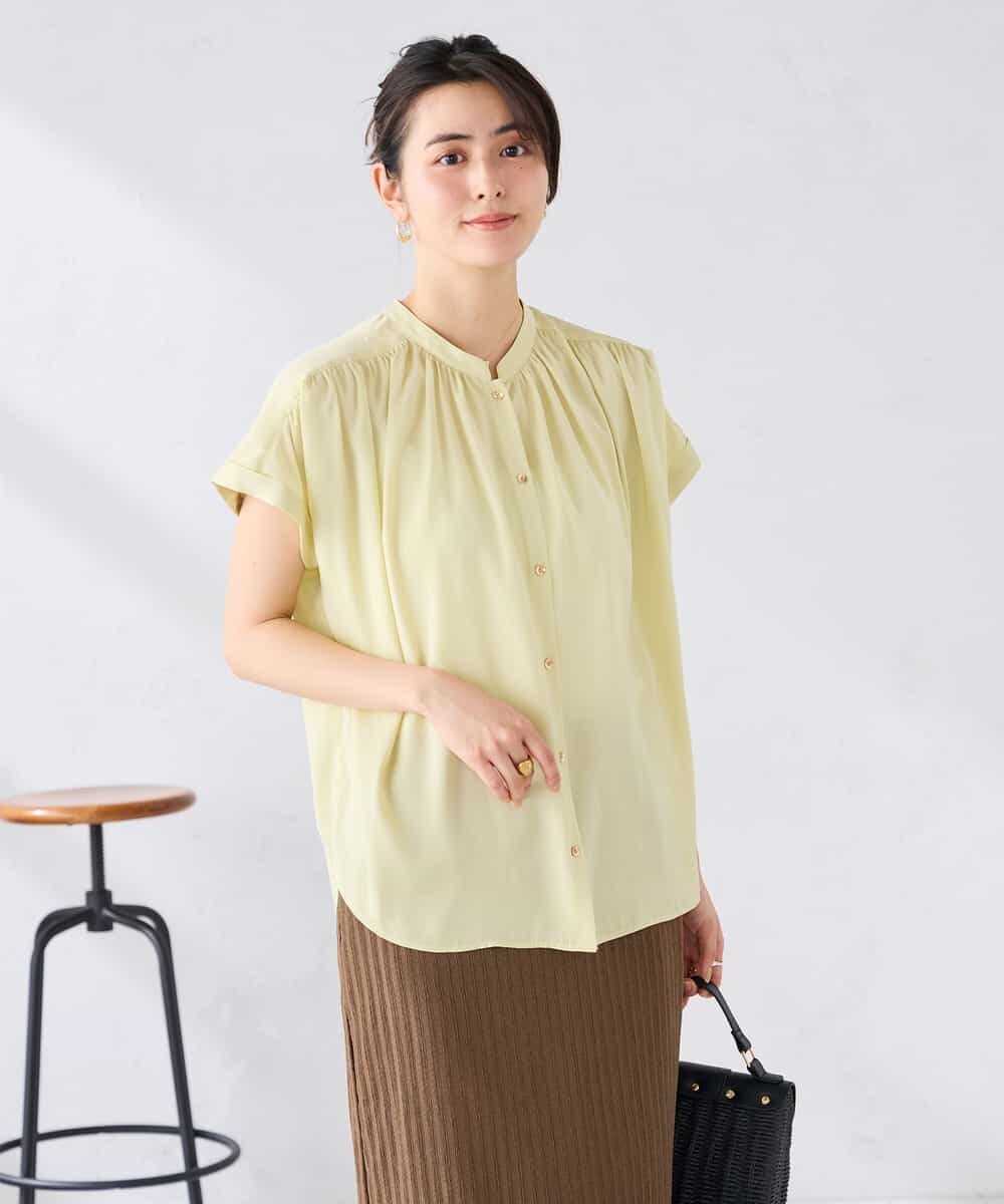 K2BGD05039 a.v.v(アー・ヴェ・ヴェ) 【接触冷感/UVカット】サテンギャザーブラウス【吸水速乾/イージーケア】 ダークグレー