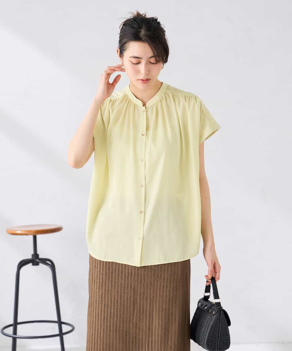 K2BGD05039 a.v.v(アー・ヴェ・ヴェ) 【接触冷感/UVカット】サテンギャザーブラウス【吸水速乾/イージーケア】 ダークグレー