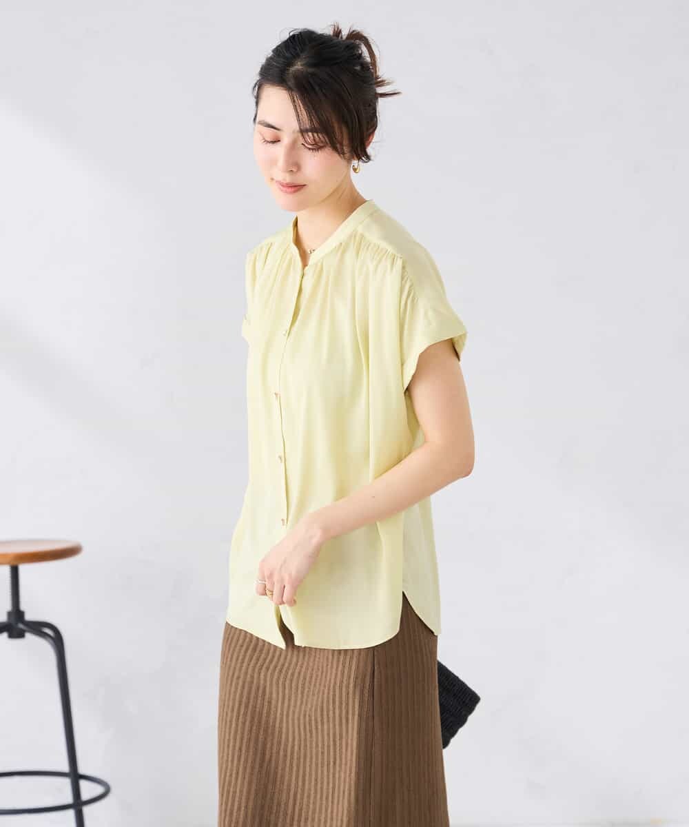 K2BGD05039 a.v.v(アー・ヴェ・ヴェ) 【接触冷感/UVカット】サテンギャザーブラウス【吸水速乾/イージーケア】 ダークグレー