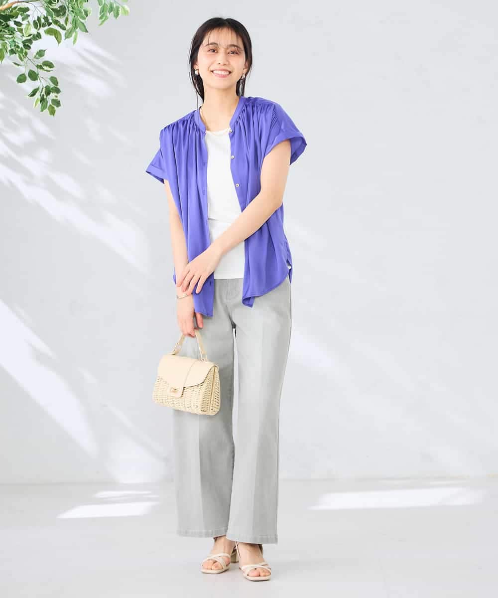 K2BGD05039 a.v.v(アー・ヴェ・ヴェ) 【接触冷感/UVカット】サテンギャザーブラウス【吸水速乾/イージーケア】 ダークグレー