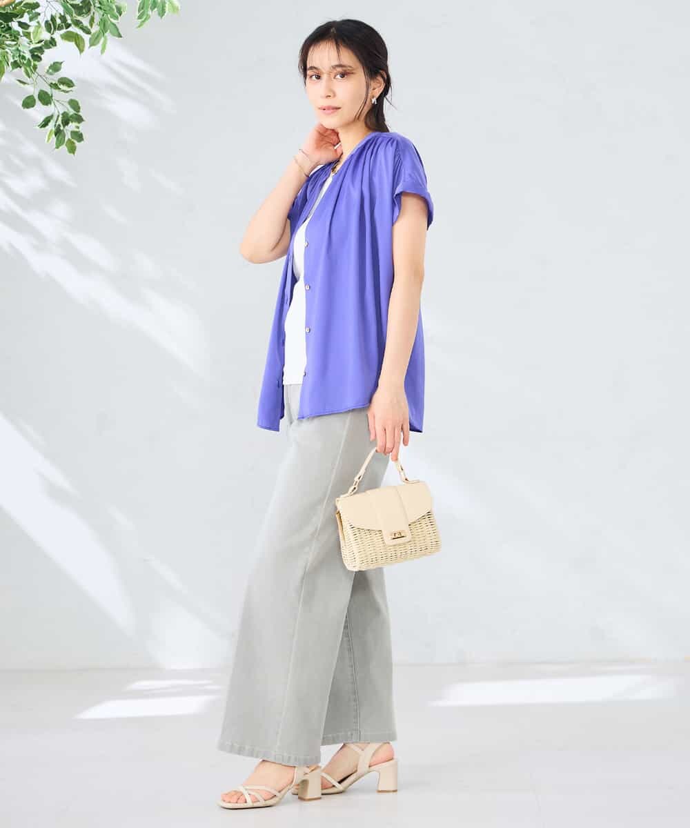 K2BGD05039 a.v.v(アー・ヴェ・ヴェ) 【接触冷感/UVカット】サテンギャザーブラウス【吸水速乾/イージーケア】 ダークグレー