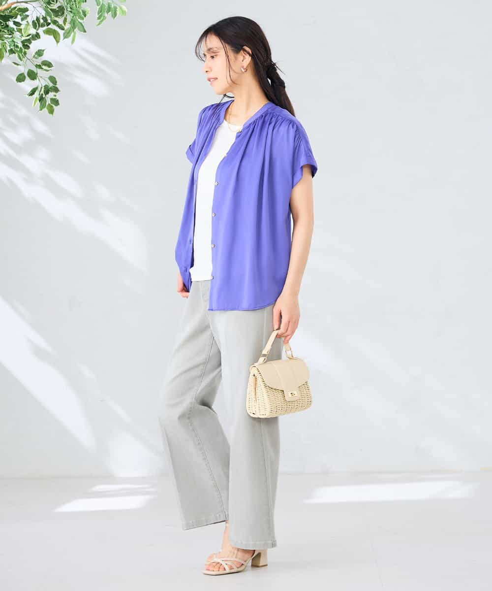 K2BGD05039 a.v.v(アー・ヴェ・ヴェ) 【接触冷感/UVカット】サテンギャザーブラウス【吸水速乾/イージーケア】 ダークグレー