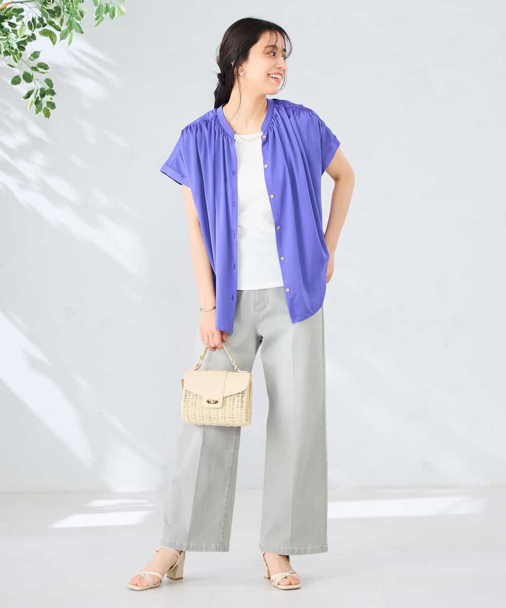 K2BGD05039 a.v.v(アー・ヴェ・ヴェ) 【接触冷感/UVカット】サテンギャザーブラウス【吸水速乾/イージーケア】 ダークグレー