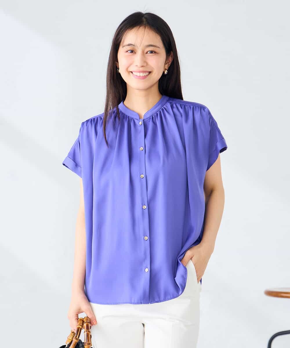 K2BGD05039 a.v.v(アー・ヴェ・ヴェ) 【接触冷感/UVカット】サテンギャザーブラウス【吸水速乾/イージーケア】 ダークグレー