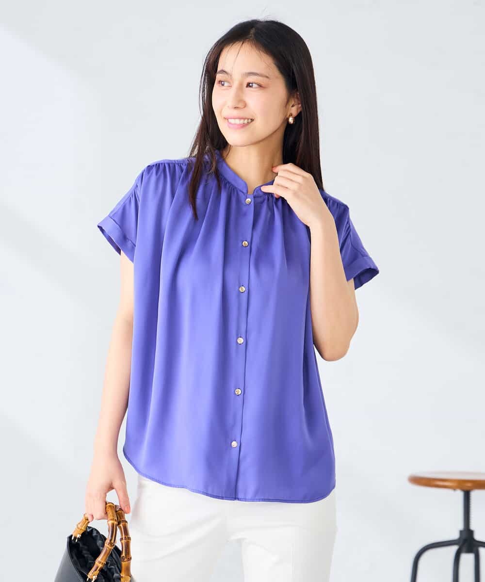 K2BGD05039 a.v.v(アー・ヴェ・ヴェ) 【接触冷感/UVカット】サテンギャザーブラウス【吸水速乾/イージーケア】 ダークグレー