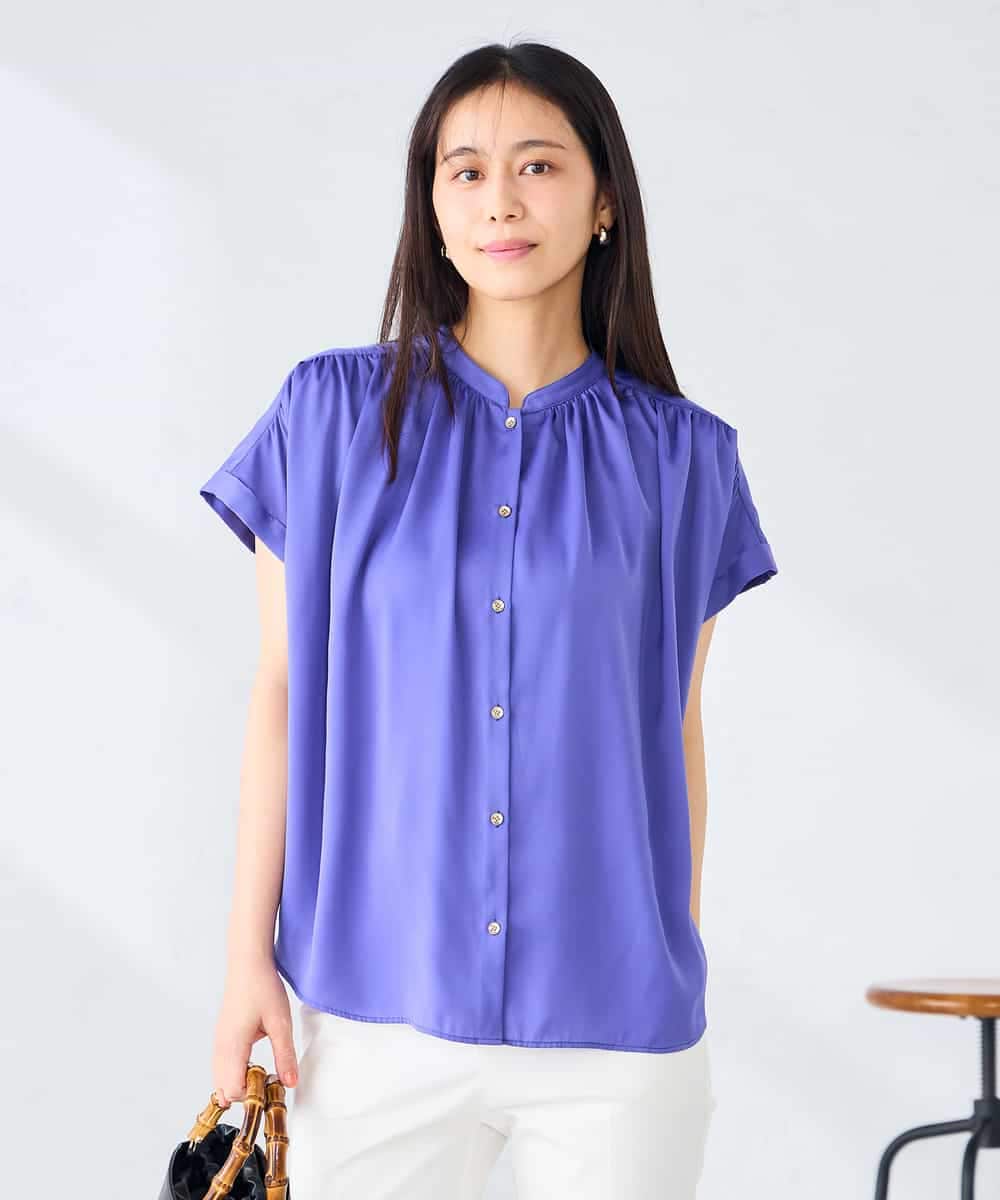 K2BGD05039 a.v.v(アー・ヴェ・ヴェ) 【接触冷感/UVカット】サテンギャザーブラウス【吸水速乾/イージーケア】 ダークグレー