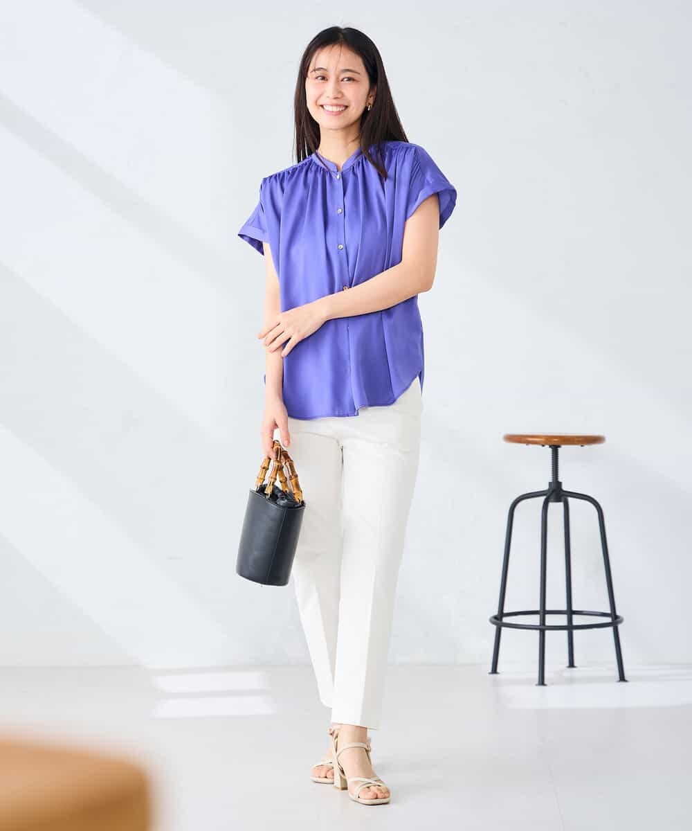 K2BGD05039 a.v.v(アー・ヴェ・ヴェ) 【接触冷感/UVカット】サテンギャザーブラウス【吸水速乾/イージーケア】 ダークグレー