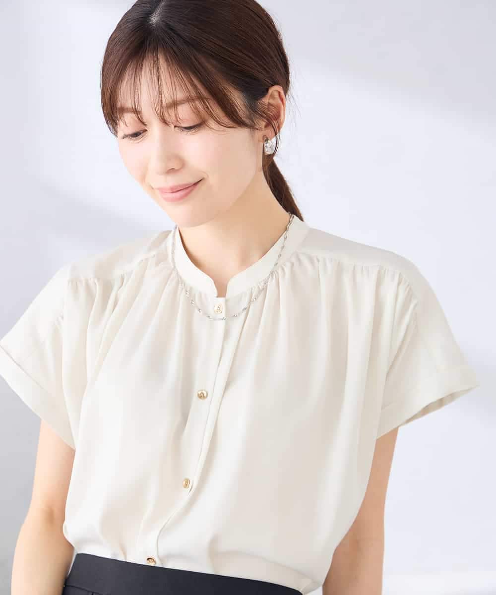 K2BGD05039 a.v.v(アー・ヴェ・ヴェ) 【接触冷感/UVカット】サテンギャザーブラウス【吸水速乾/イージーケア】 ダークグレー