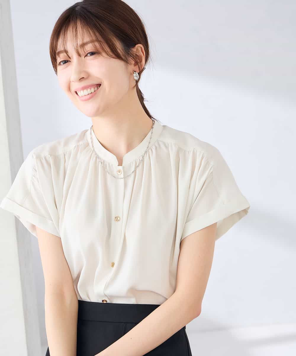 K2BGD05039 a.v.v(アー・ヴェ・ヴェ) 【接触冷感/UVカット】サテンギャザーブラウス【吸水速乾/イージーケア】 ダークグレー