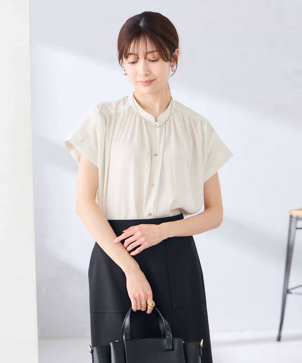 K2BGD05039 a.v.v(アー・ヴェ・ヴェ) 【接触冷感/UVカット】サテンギャザーブラウス【吸水速乾/イージーケア】 ダークグレー