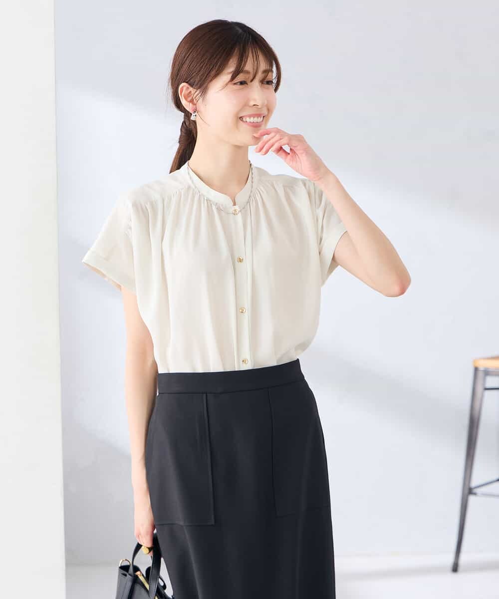 K2BGD05039 a.v.v(アー・ヴェ・ヴェ) 【接触冷感/UVカット】サテンギャザーブラウス【吸水速乾/イージーケア】 ダークグレー