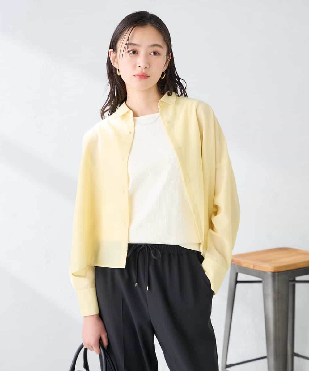 K2BGD33044 a.v.v(アー・ヴェ・ヴェ) 【洗える/接触冷感】クロップド丈セミシアーシャツ ブラウン×アイボリーストライプ柄