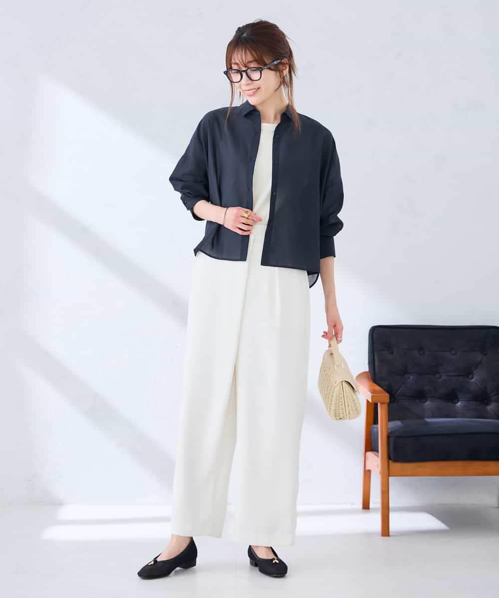 K2BGD33044 a.v.v(アー・ヴェ・ヴェ) 【洗える/接触冷感】クロップド丈セミシアーシャツ ブラウン×アイボリーストライプ柄