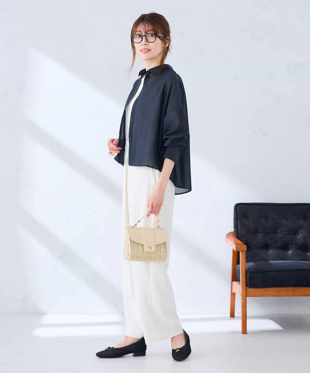 K2BGD33044 a.v.v(アー・ヴェ・ヴェ) 【洗える/接触冷感】クロップド丈セミシアーシャツ ブラウン×アイボリーストライプ柄