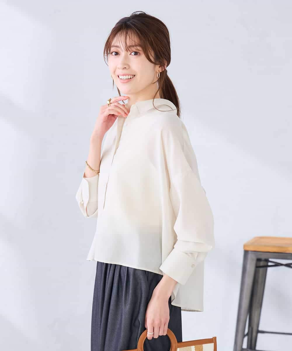 K2BGD33044 a.v.v(アー・ヴェ・ヴェ) 【洗える/接触冷感】クロップド丈セミシアーシャツ ブラウン×アイボリーストライプ柄