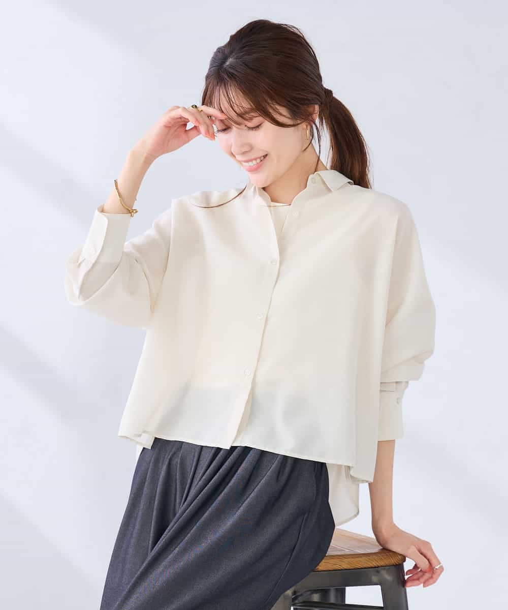 K2BGD33044 a.v.v(アー・ヴェ・ヴェ) 【洗える/接触冷感】クロップド丈セミシアーシャツ ブラウン×アイボリーストライプ柄