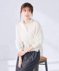 K2BGD33044 a.v.v(アー・ヴェ・ヴェ) 【洗える/接触冷感】クロップド丈セミシアーシャツ ブラウン×アイボリーストライプ柄