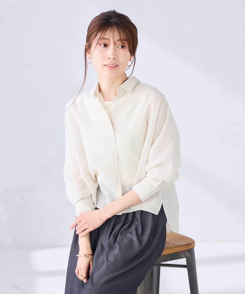 K2BGD33044 a.v.v(アー・ヴェ・ヴェ) 【洗える/接触冷感】クロップド丈セミシアーシャツ ブラウン×アイボリーストライプ柄