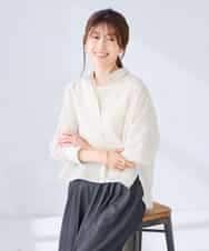 K2BGD33044 a.v.v(アー・ヴェ・ヴェ) 【洗える/接触冷感】クロップド丈セミシアーシャツ ブラウン×アイボリーストライプ柄