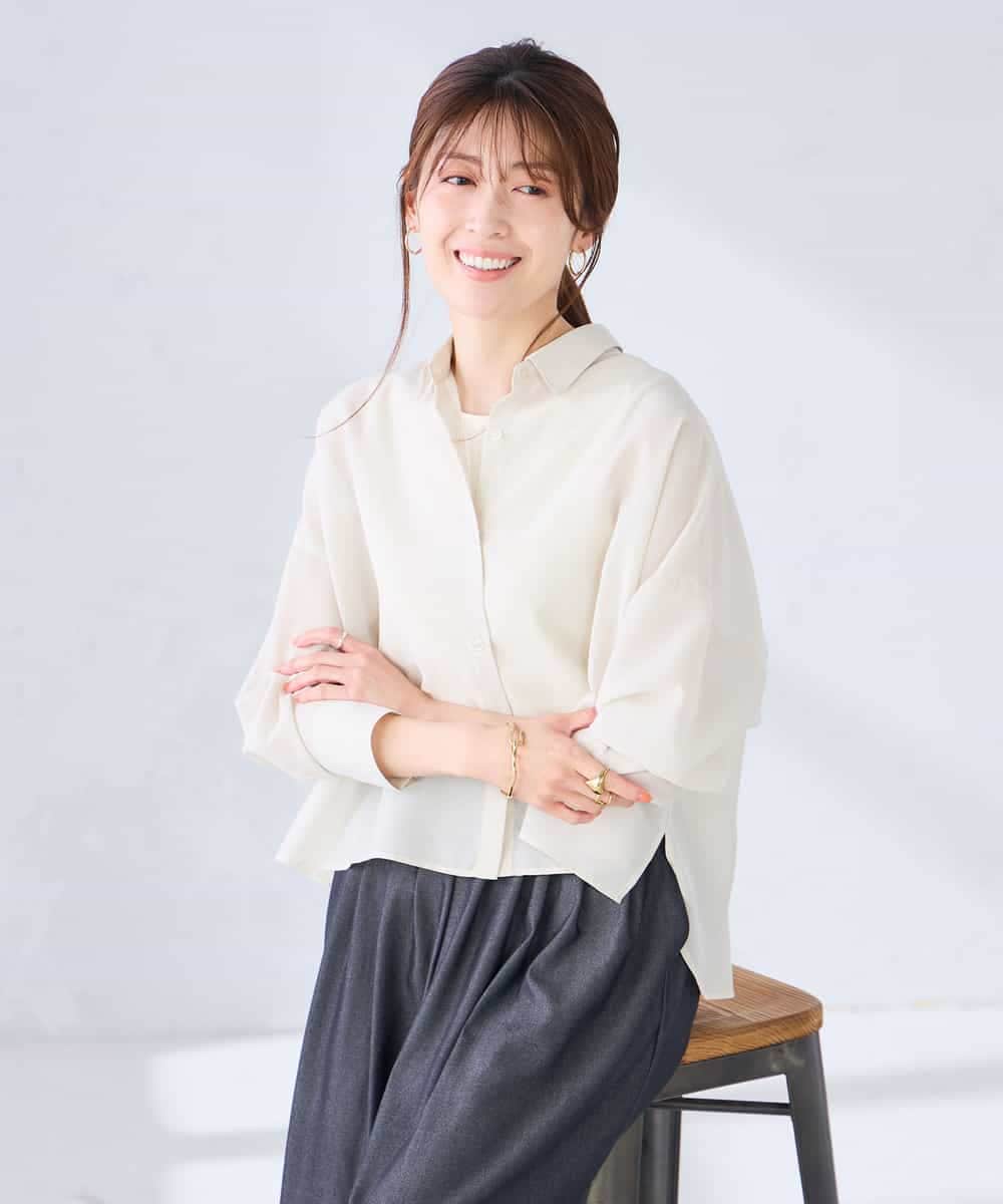 K2BGD33044 a.v.v(アー・ヴェ・ヴェ) 【洗える/接触冷感】クロップド丈セミシアーシャツ ブラウン×アイボリーストライプ柄