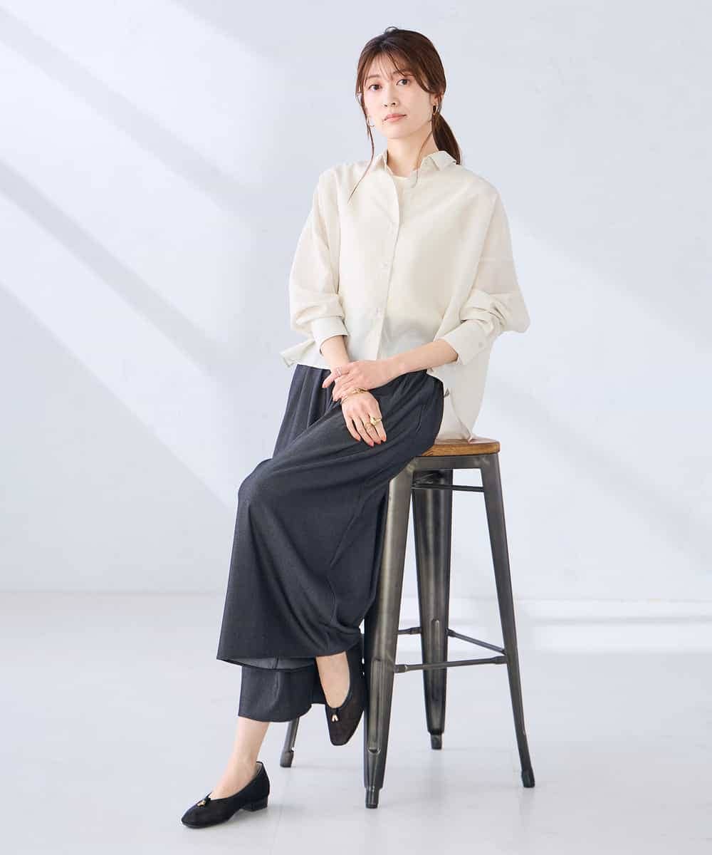 K2BGD33044 a.v.v(アー・ヴェ・ヴェ) 【洗える/接触冷感】クロップド丈セミシアーシャツ ブラウン×アイボリーストライプ柄