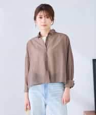 K2BGD33044 a.v.v(アー・ヴェ・ヴェ) 【洗える/接触冷感】クロップド丈セミシアーシャツ ブラウン×アイボリーストライプ柄