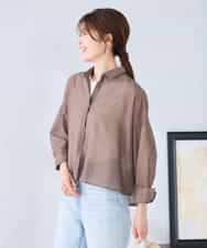 K2BGD33044 a.v.v(アー・ヴェ・ヴェ) 【洗える/接触冷感】クロップド丈セミシアーシャツ ブラウン×アイボリーストライプ柄