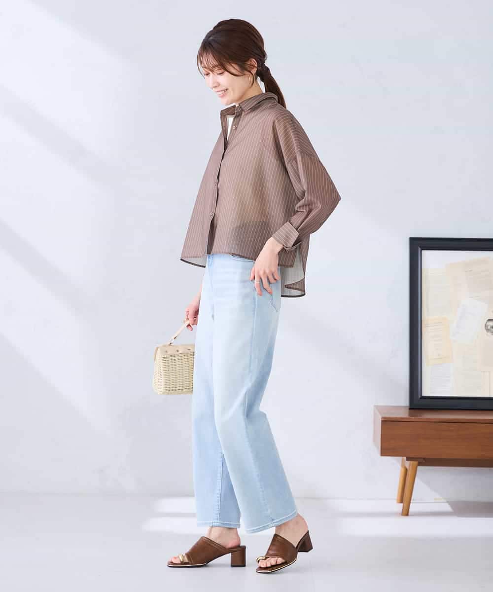 K2BGD33044 a.v.v(アー・ヴェ・ヴェ) 【洗える/接触冷感】クロップド丈セミシアーシャツ ブラウン×アイボリーストライプ柄