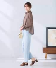 K2BGD33044 a.v.v(アー・ヴェ・ヴェ) 【洗える/接触冷感】クロップド丈セミシアーシャツ ブラウン×アイボリーストライプ柄