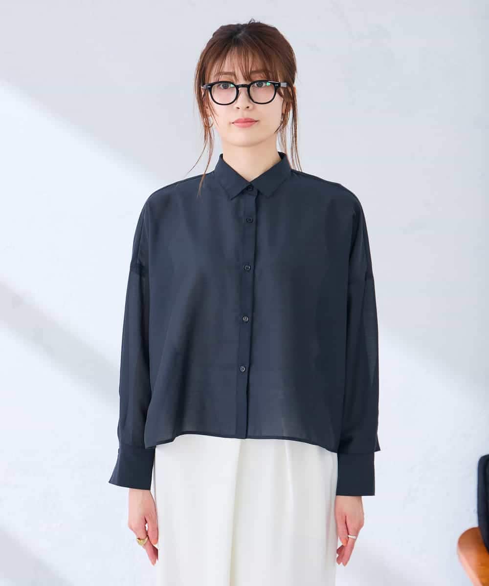 K2BGD33044 a.v.v(アー・ヴェ・ヴェ) 【洗える/接触冷感】クロップド丈セミシアーシャツ ブラウン×アイボリーストライプ柄