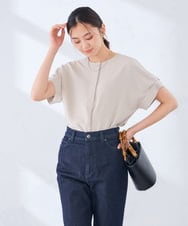K2BHD06044 a.v.v(アー・ヴェ・ヴェ) 【接触冷感/UVカット】リネンライククルーネックブラウス【セットアップ対応/アンチピリング】 ネイビー