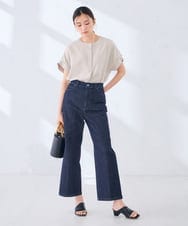 K2BHD06044 a.v.v(アー・ヴェ・ヴェ) 【接触冷感/UVカット】リネンライククルーネックブラウス【セットアップ対応/アンチピリング】 ネイビー