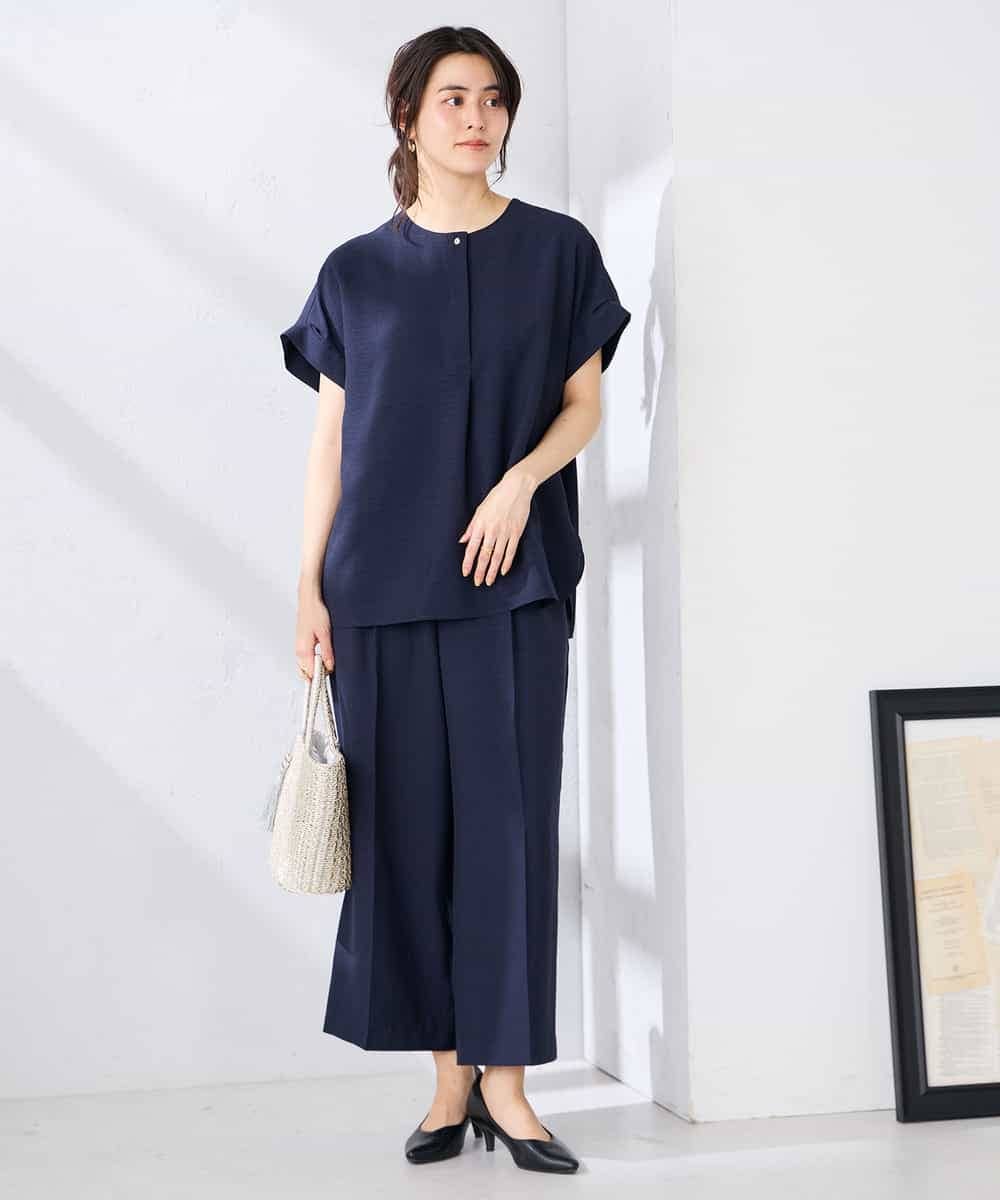 K2BHD06044 a.v.v(アー・ヴェ・ヴェ) 【接触冷感/UVカット】リネンライクスキッパーブラウス【セットアップ対応/アンチピリング】 ネイビー