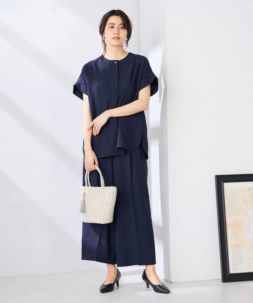 K2BHD06044 a.v.v(アー・ヴェ・ヴェ) 【接触冷感/UVカット】リネンライクスキッパーブラウス【セットアップ対応/アンチピリング】 ネイビー