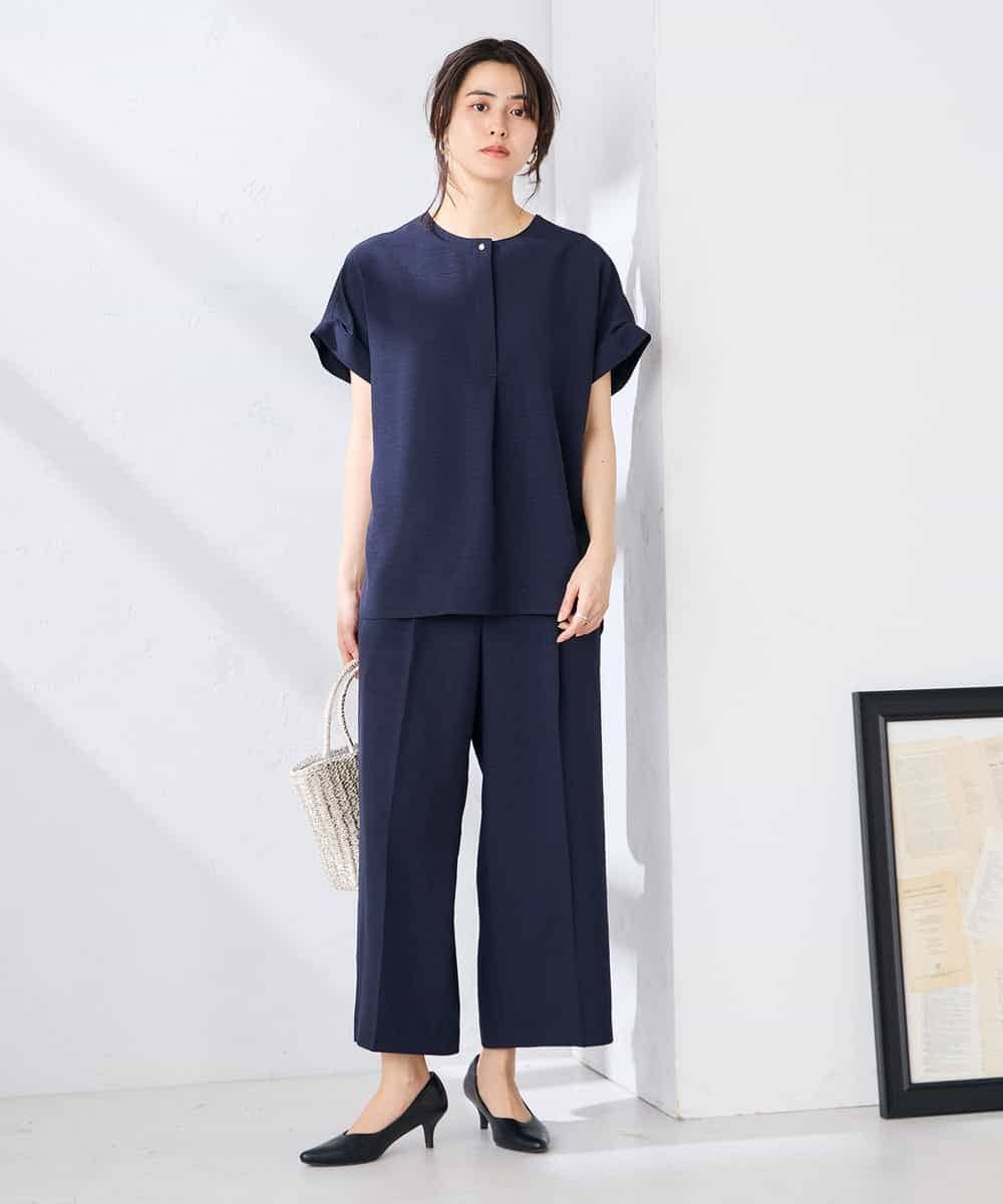 K2BHD06044 a.v.v(アー・ヴェ・ヴェ) 【接触冷感/UVカット】リネンライクスキッパーブラウス【セットアップ対応/アンチピリング】 ネイビー