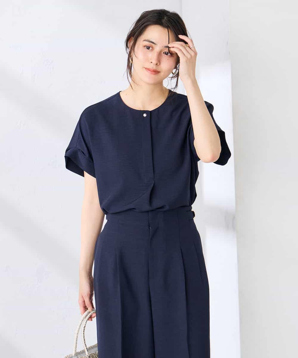 K2BHD06044 a.v.v(アー・ヴェ・ヴェ) 【接触冷感/UVカット】リネンライクスキッパーブラウス【セットアップ対応/アンチピリング】 ネイビー