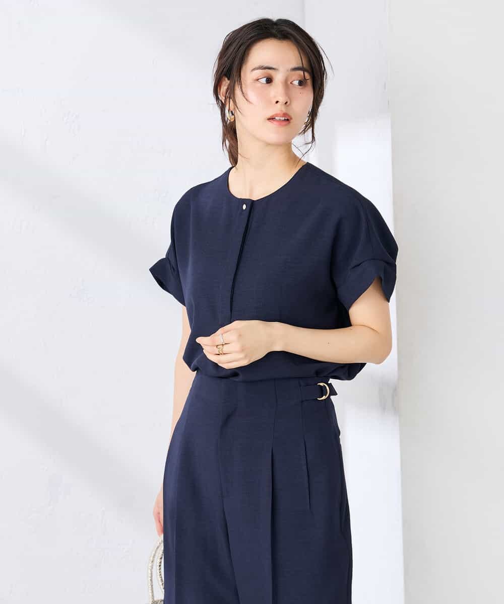 K2BHD06044 a.v.v(アー・ヴェ・ヴェ) 【接触冷感/UVカット】リネンライクスキッパーブラウス【セットアップ対応/アンチピリング】 ネイビー