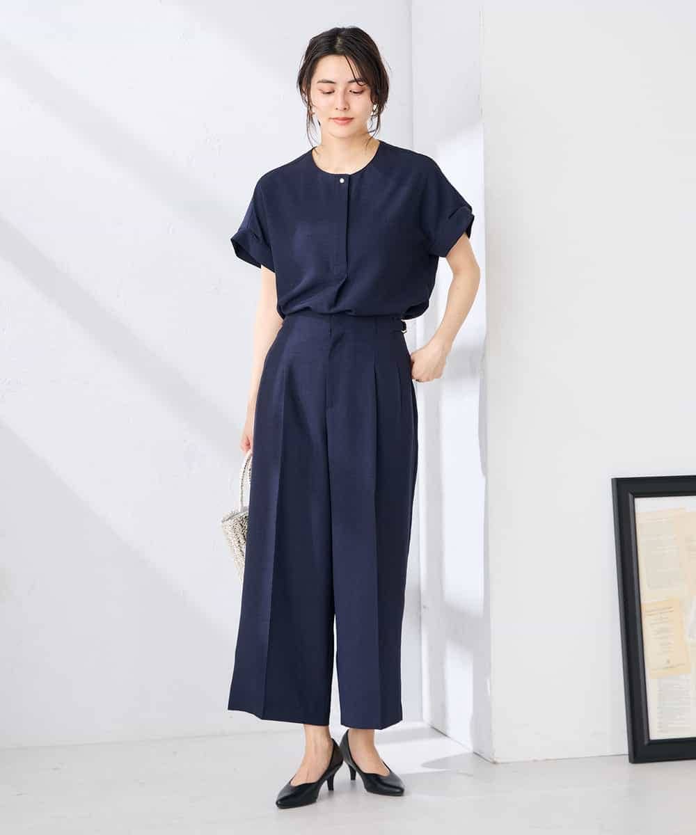 K2BHD06044 a.v.v(アー・ヴェ・ヴェ) 【接触冷感/UVカット】リネンライクスキッパーブラウス【セットアップ対応/アンチピリング】 ネイビー