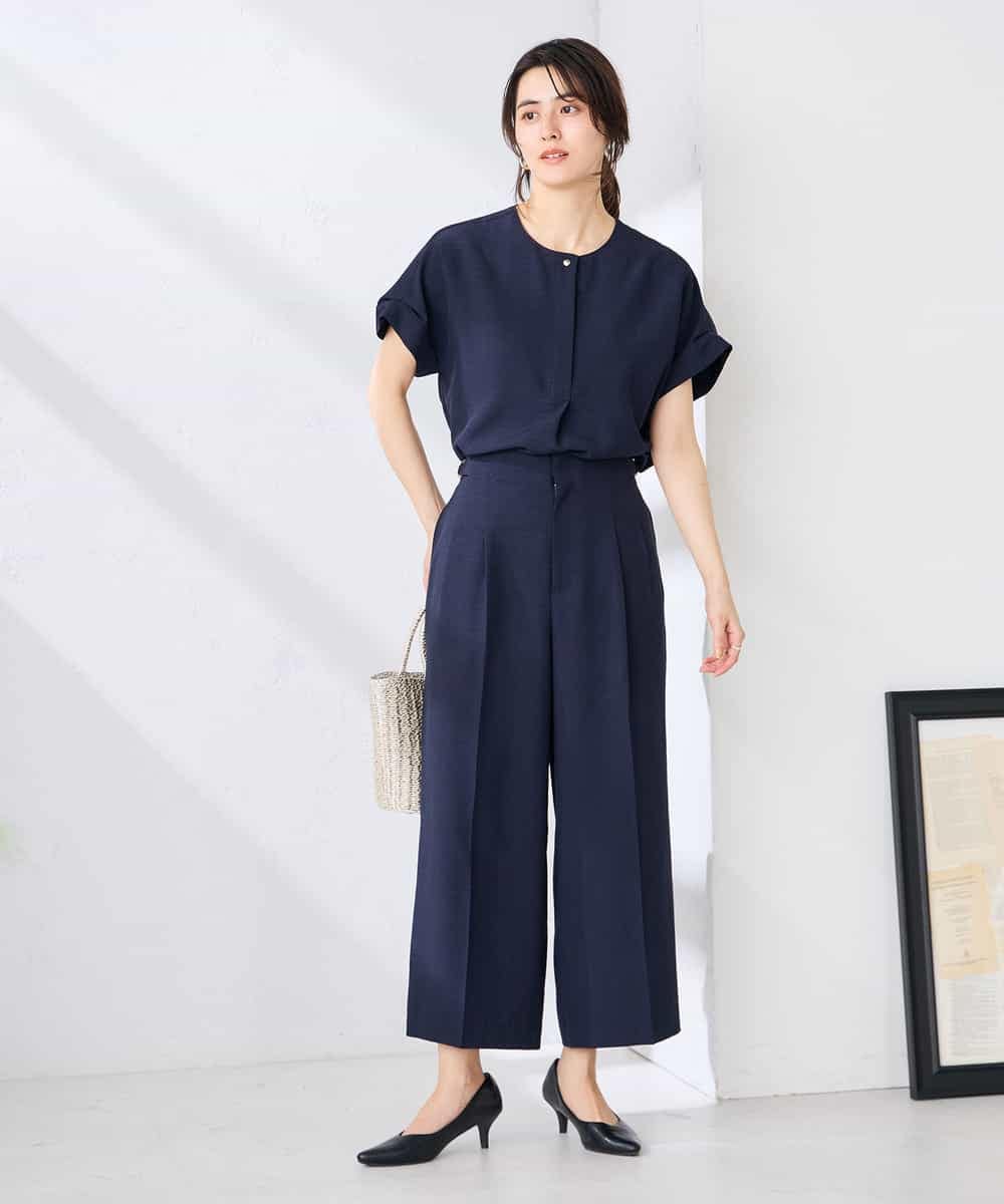 K2BHD06044 a.v.v(アー・ヴェ・ヴェ) 【接触冷感/UVカット】リネンライクスキッパーブラウス【セットアップ対応/アンチピリング】 ネイビー