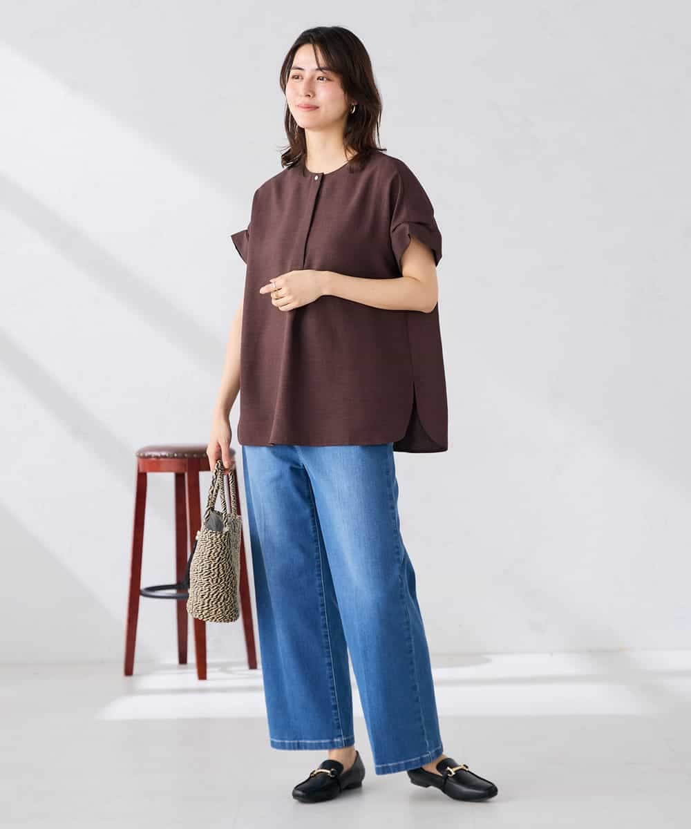 K2BHD06044 a.v.v(アー・ヴェ・ヴェ) 【接触冷感/UVカット】リネンライクスキッパーブラウス【セットアップ対応/アンチピリング】 ネイビー