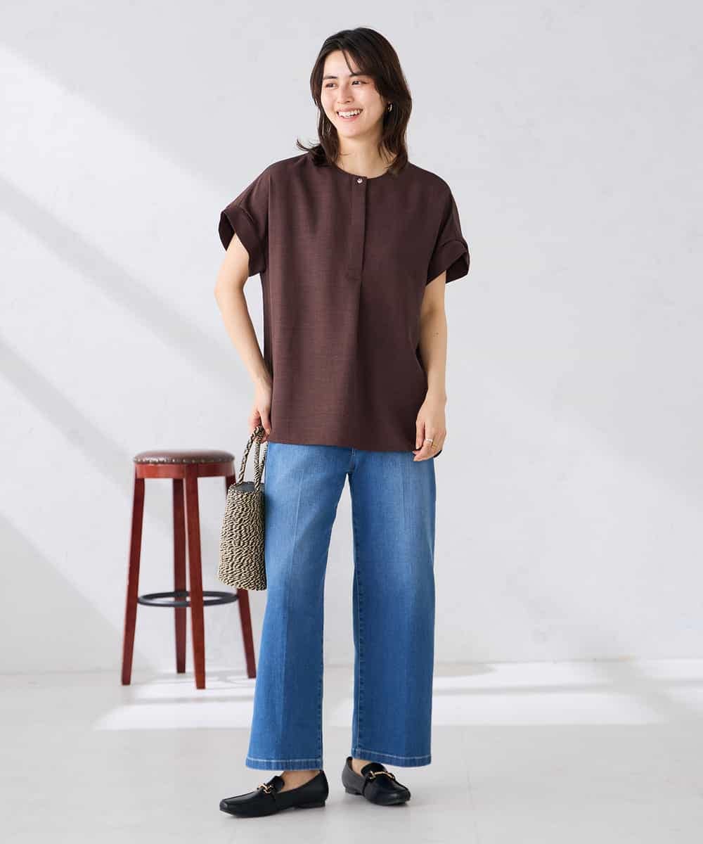 K2BHD06044 a.v.v(アー・ヴェ・ヴェ) 【接触冷感/UVカット】リネンライクスキッパーブラウス【セットアップ対応/アンチピリング】 ネイビー