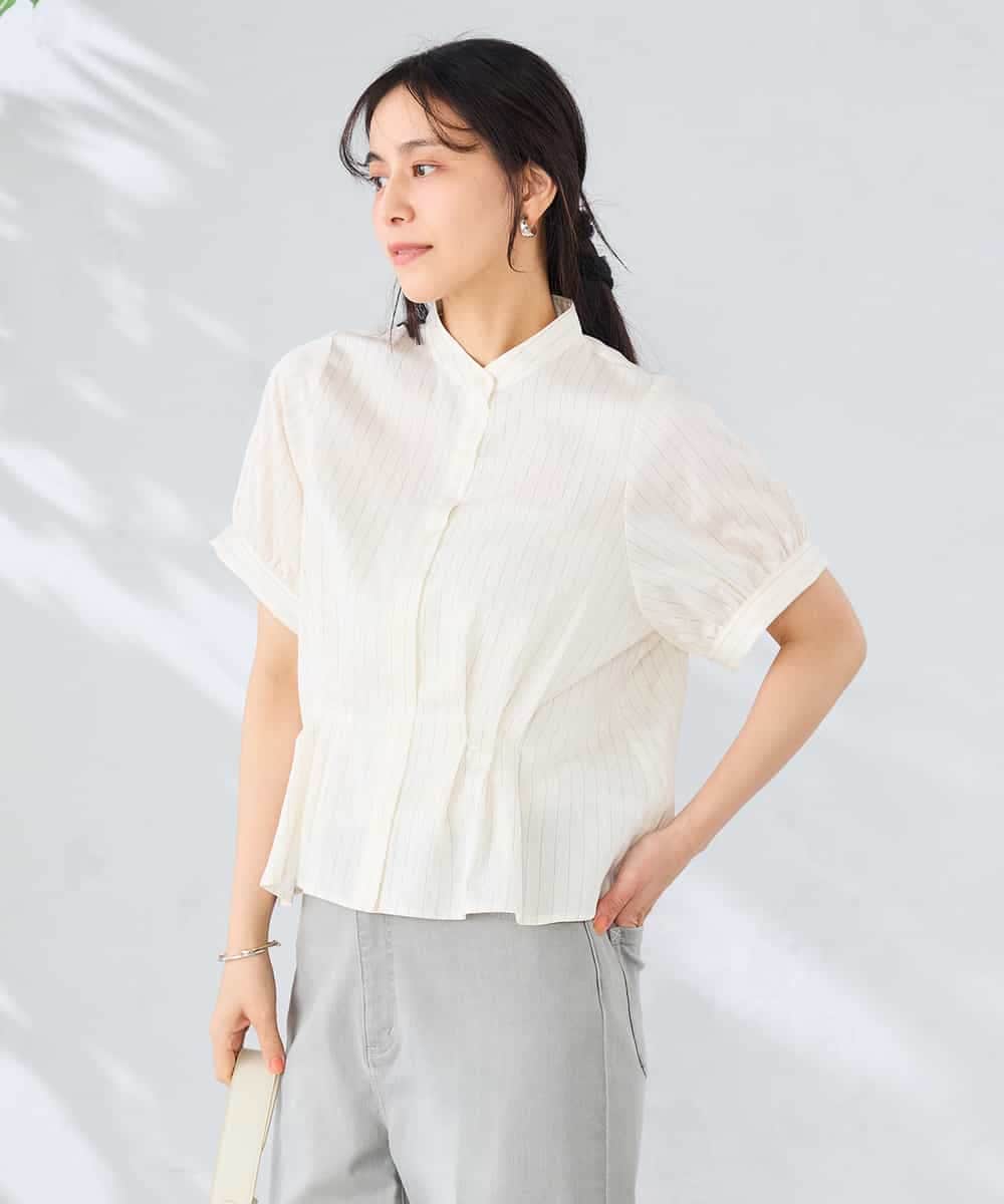 K2BHD36049 a.v.v(アー・ヴェ・ヴェ) ストライプペプラムクロップドシャツ ライトブルー