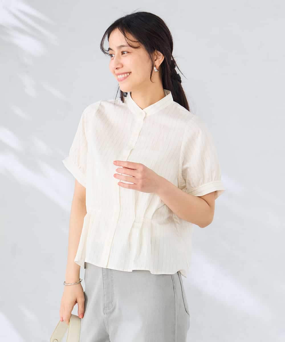 K2BHD36049 a.v.v(アー・ヴェ・ヴェ) ストライプペプラムクロップドシャツ ライトブルー