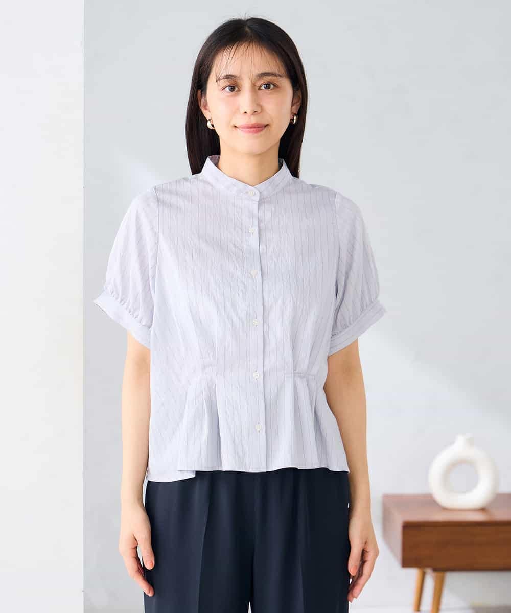 K2BHD36049 a.v.v(アー・ヴェ・ヴェ) ストライプペプラムクロップドシャツ ライトブルー