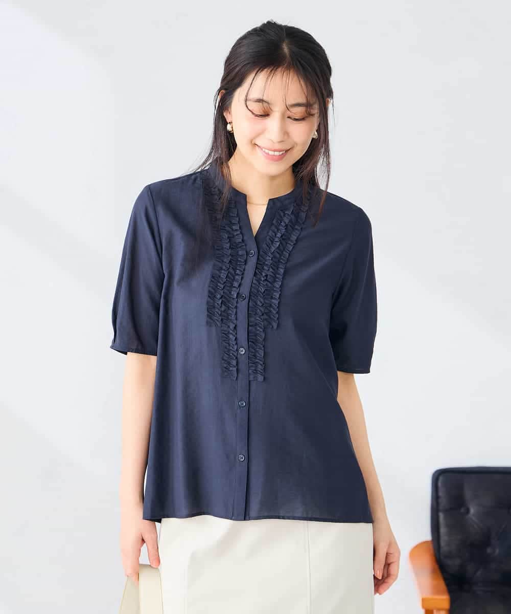 K2BHD39049 a.v.v(アー・ヴェ・ヴェ) フロントフリルデザインブラウス ネイビー