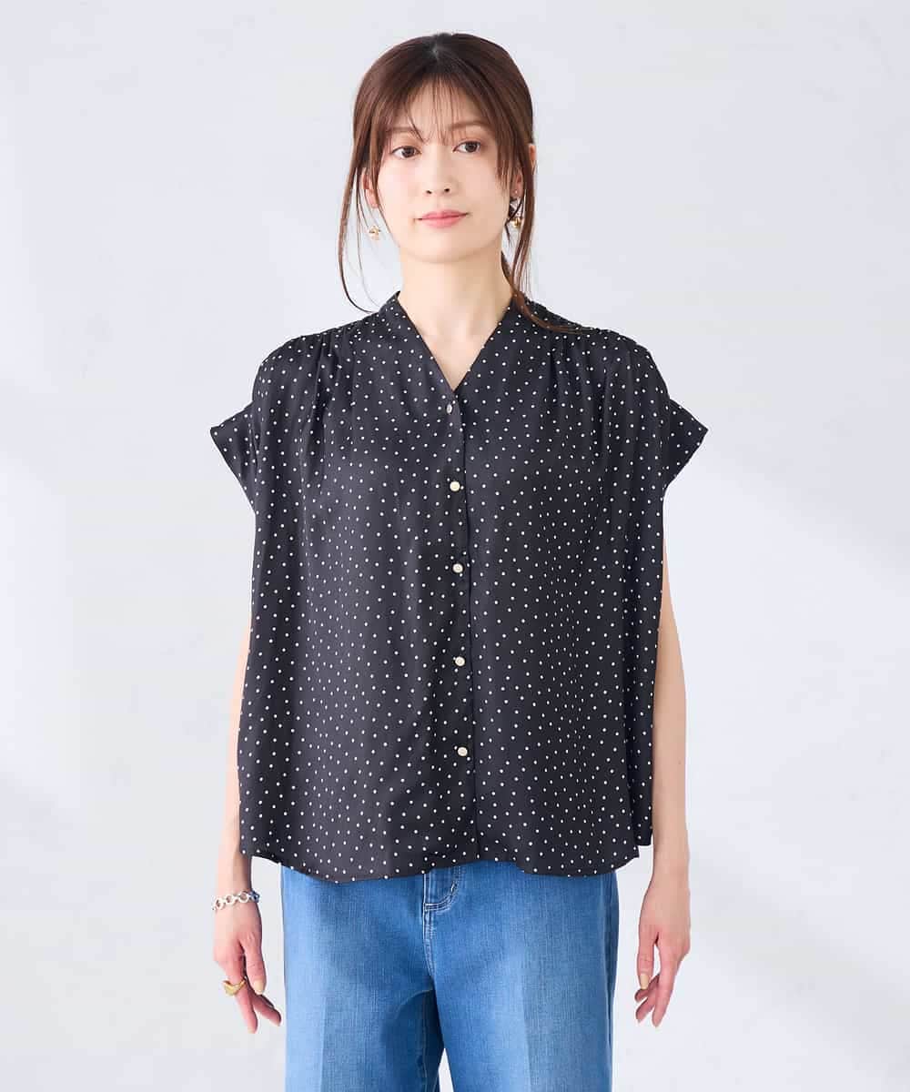 K2BHD43049 a.v.v(アー・ヴェ・ヴェ) Vネックプリントギャザーブラウス ピンク幾何柄