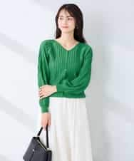 K2CFD06054 a.v.v(アー・ヴェ・ヴェ) プリーツ編みVネックニットカーディガン グリーン