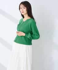 K2CFD06054 a.v.v(アー・ヴェ・ヴェ) プリーツ編みVネックニットカーディガン グリーン