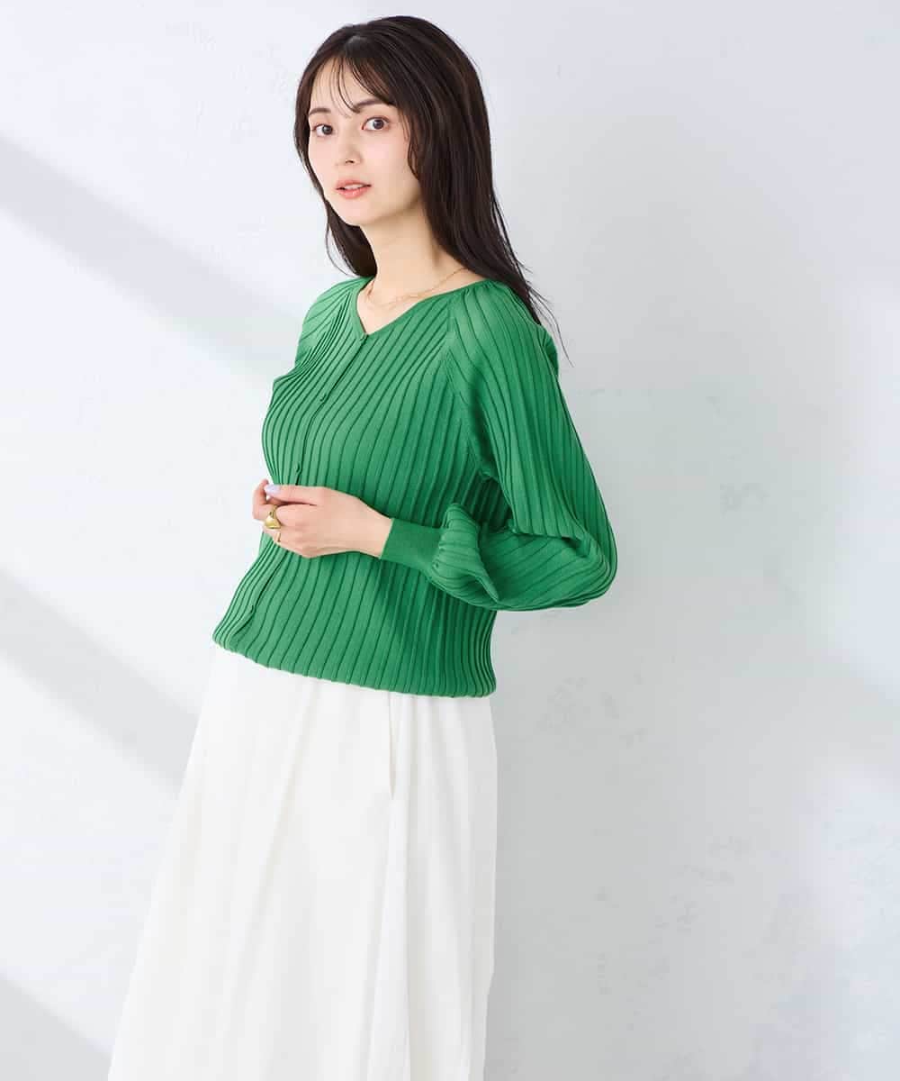 K2CFD06054 a.v.v(アー・ヴェ・ヴェ) プリーツ編みVネックニットカーディガン グリーン